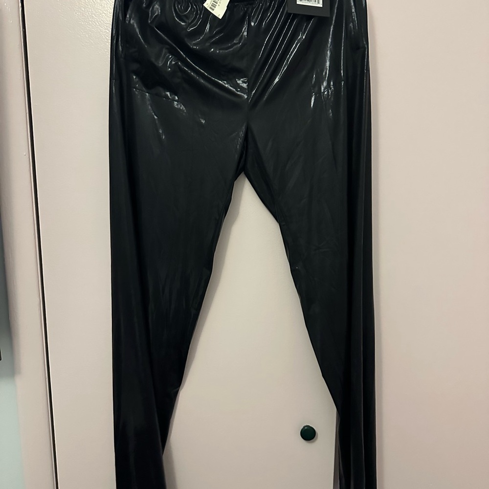 Norma Kamali Black Shiny Leggings with Wide Waistband